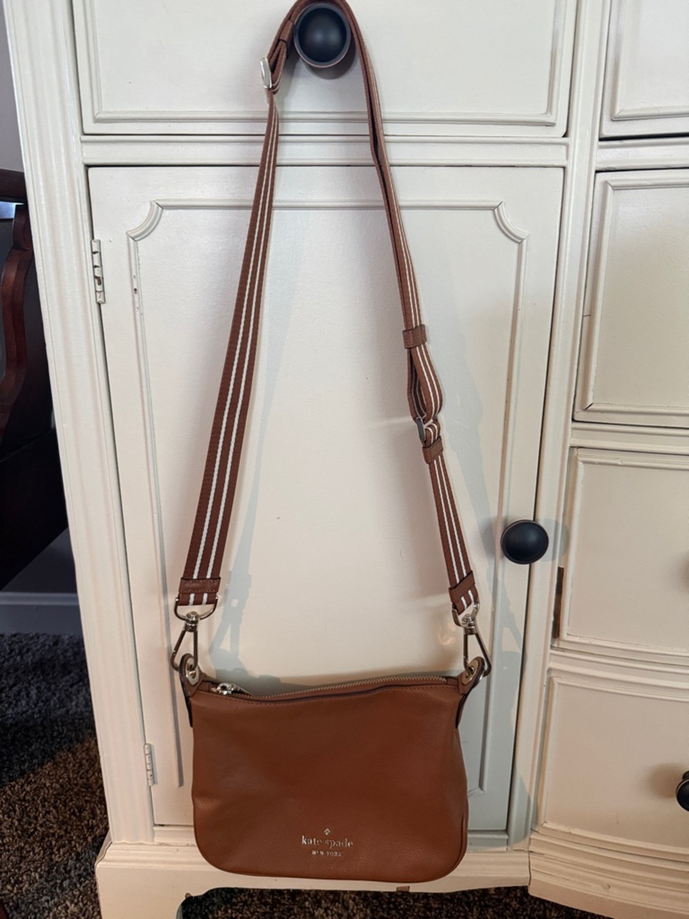 Kate Spade Brown Leather Crossbody Bag with Striped Strap